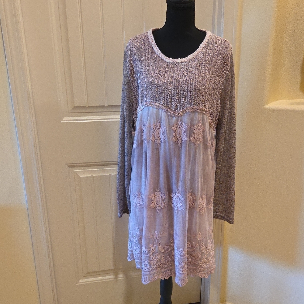 Simply Couture Soft Pink/Grey Knit Dress with Sheer Embroidered Overlay